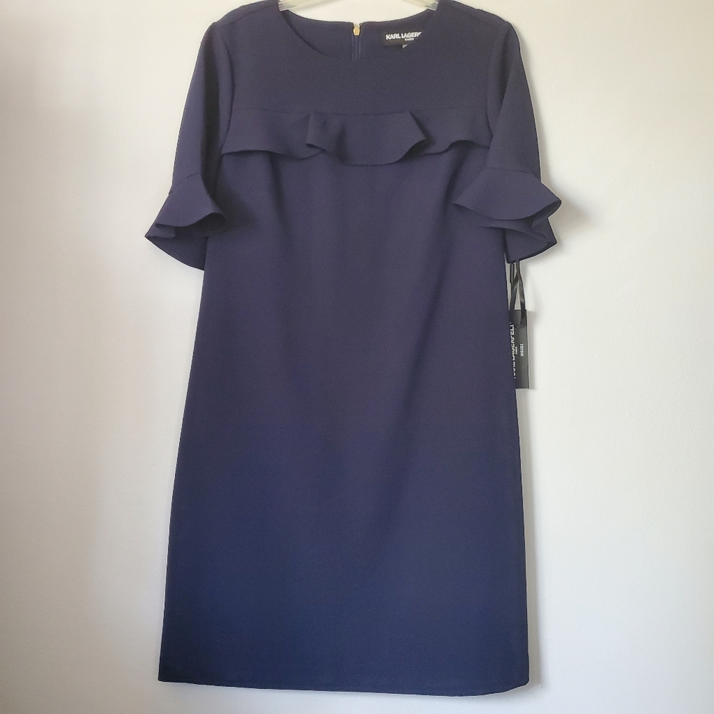 NWT Karl Lagerfeld Navy Blue Ruffle Dress - Picture 6 of 8